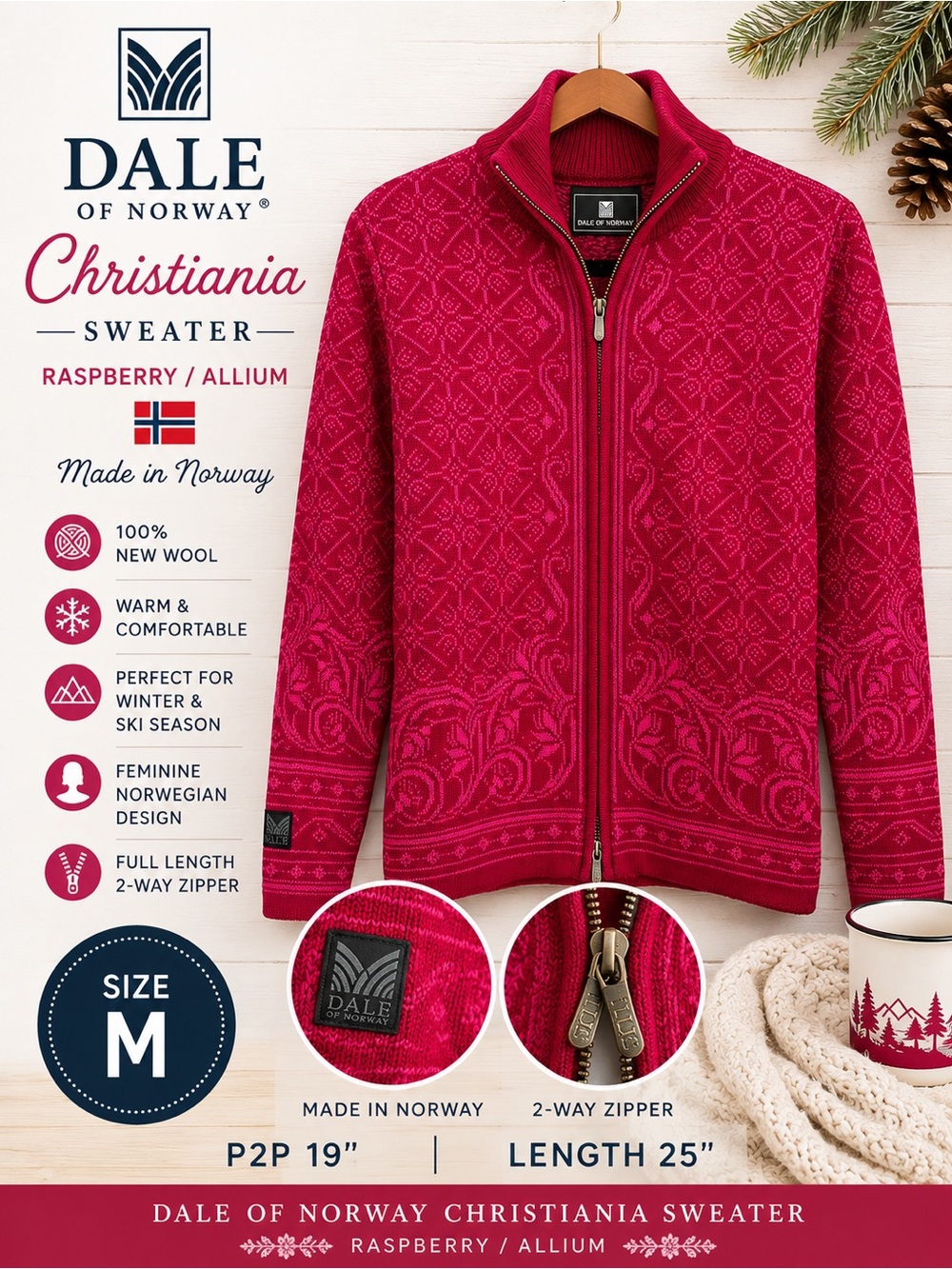 Dale of Norway Christiania Sweater M Raspberry Allium 100% Wool Full Zip